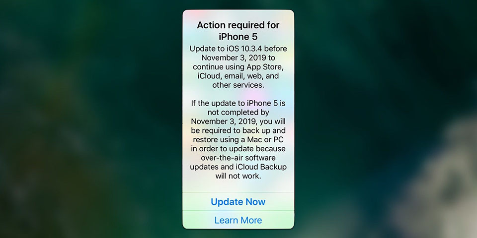 Thông báo yêu cầu iPhone 5 cập nhật lên iOS 10.3.4